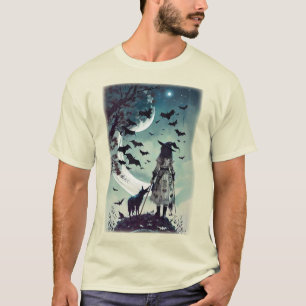 T-shirt Sorcière Et Loup D'Halloween Avec Pleine lune Et C