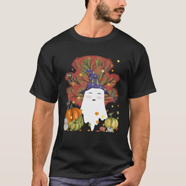 T-shirt Sorcière Fantôme Chat Citrouille Café Louveur Auto (Devant)