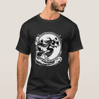T-shirt Sorcière sur balai avec pleine lune dessin drôle p