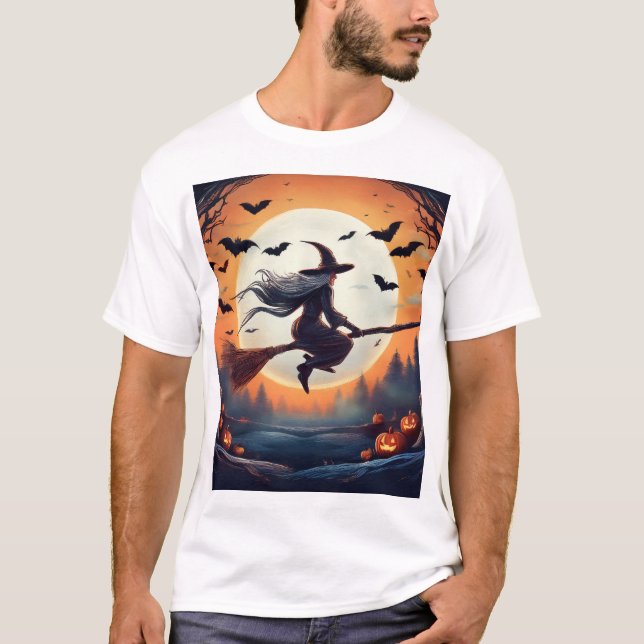 T-shirt Sorcière sur un Broomstick au clair de lune avec c (Devant)