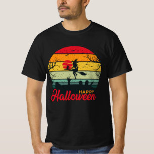 T-shirt Sorcière Volant Broom avec chat Halloween heureux