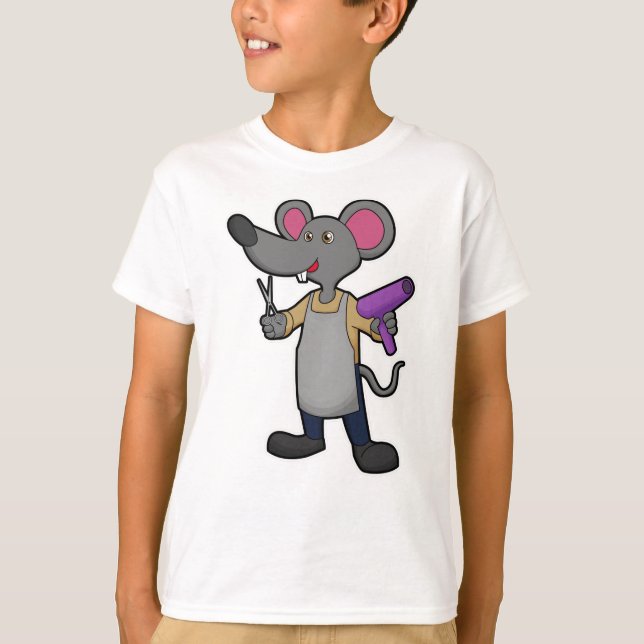 T-shirt Souris en coiffeur avec ciseaux et sèche-cheveux (Devant)