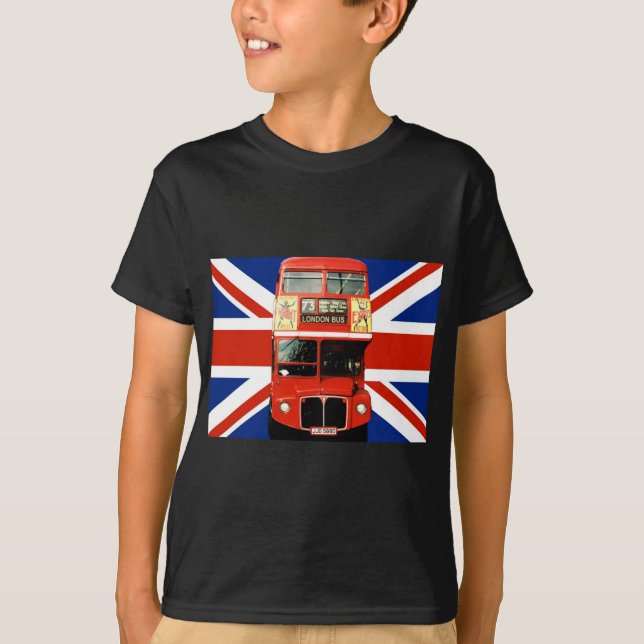 T-shirt Souvenirs et cadeaux londoniens avec bus et drapea (Devant)