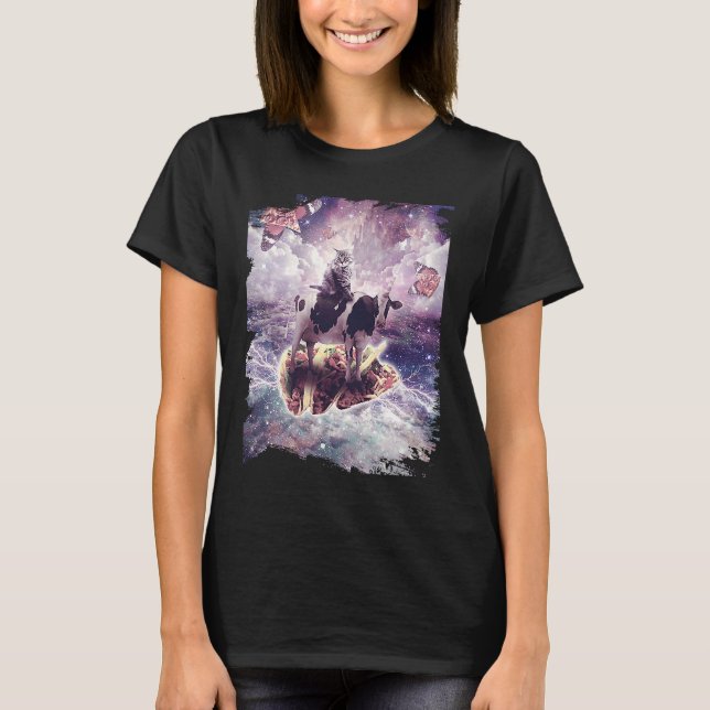 T-shirt Space Cat Riding Cow Unicorn  Pizza & Taco (Devant)