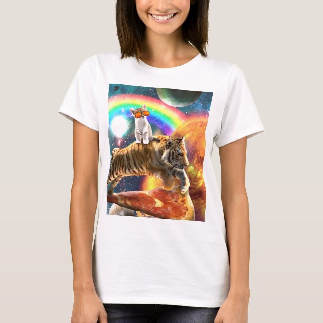 T-shirt Space Galaxy Cat Riding Tiger sur Pizza (Devant)