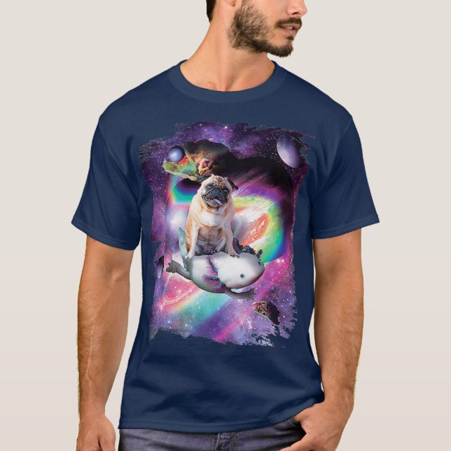 T-shirt Space Pug Dog Riding Axolotl  Rainbow (Devant)
