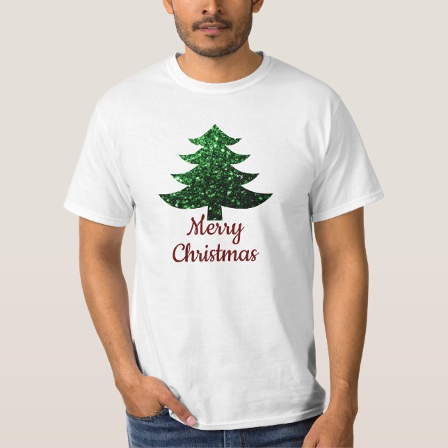 T-shirt Sparkly Joyeux arbre de Noël vert texte personnali (Devant)