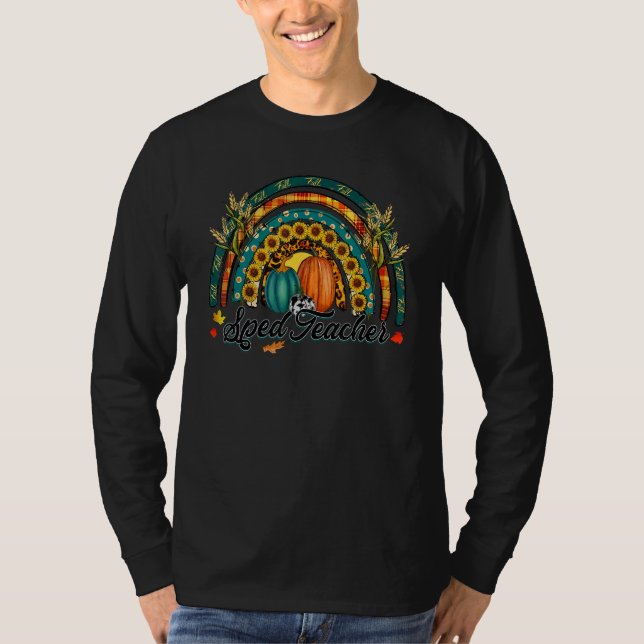 T-shirt Sped teacher Hello Fall Rainbow Pumpkin Leopard (Devant)
