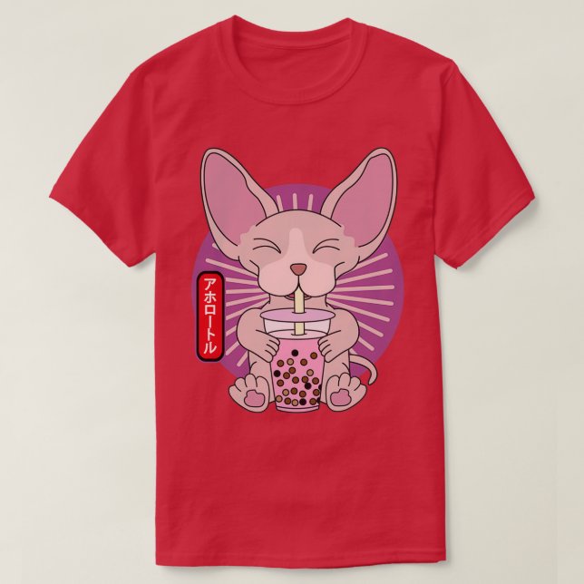 T-shirt Sphynx Chat Bubble Boba Tea Kawaii (Design devant)