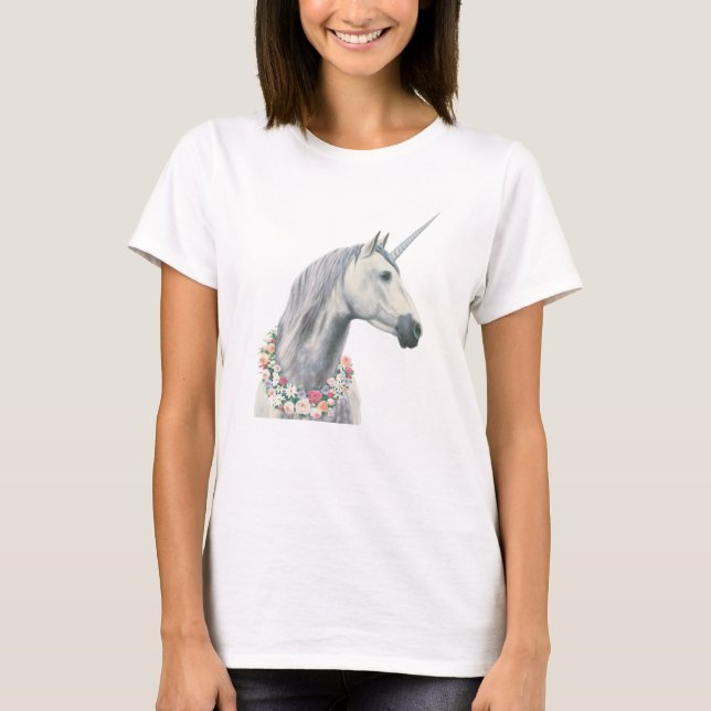 T-shirt Spirit Unicorne avec Fleurs autour du cou (Devant)