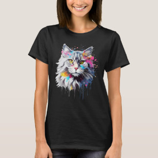 T-shirt Splash Art Siberian Cat Face Colorful