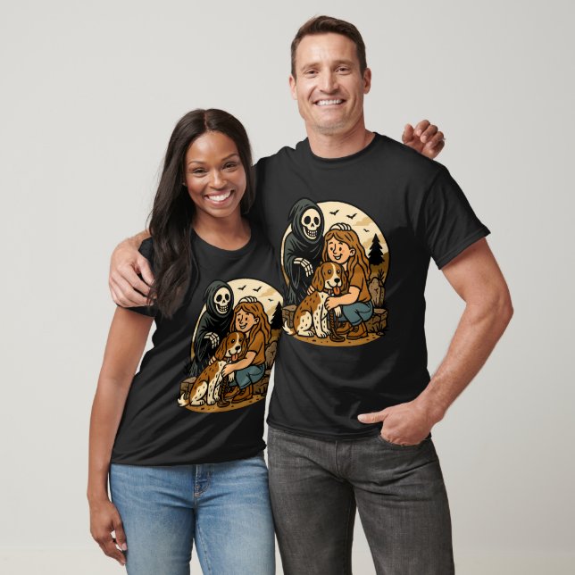T-shirt Spooky Grim Reaper with Girl and Dog Skeleton Art  (Unisexe)