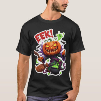 T-shirt Spooky Halloween jackolantern witch with broom cau