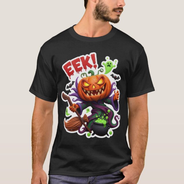 T-shirt Spooky Halloween jackolantern witch with broom cau (Devant)