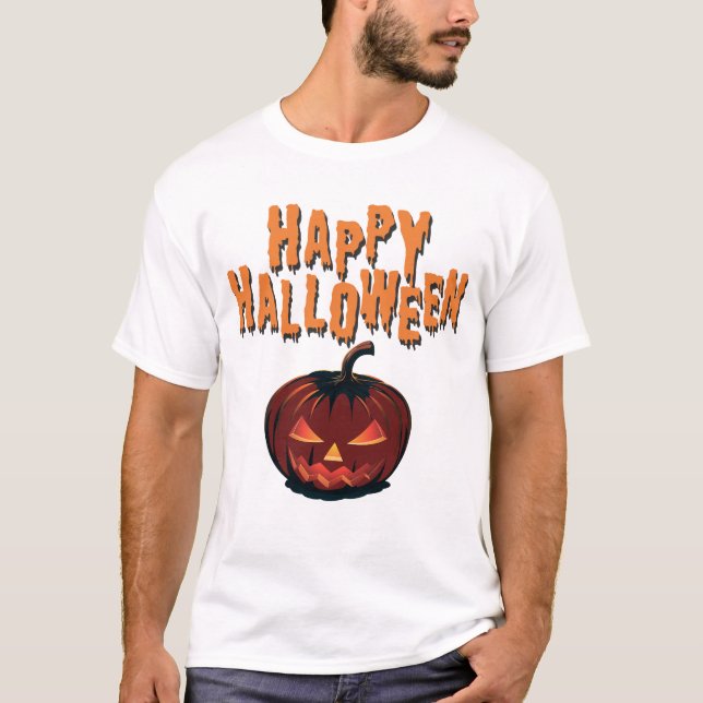 T-shirt Spooky Happy Halloween Pumpkin with Dripping Text (Devant)