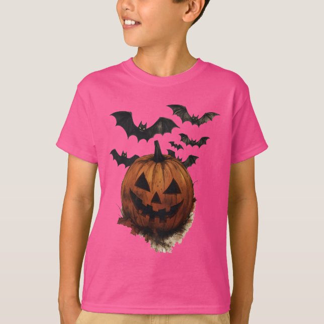 T-shirt Spooky Pumpkin & Bats Halloween Art (Devant)