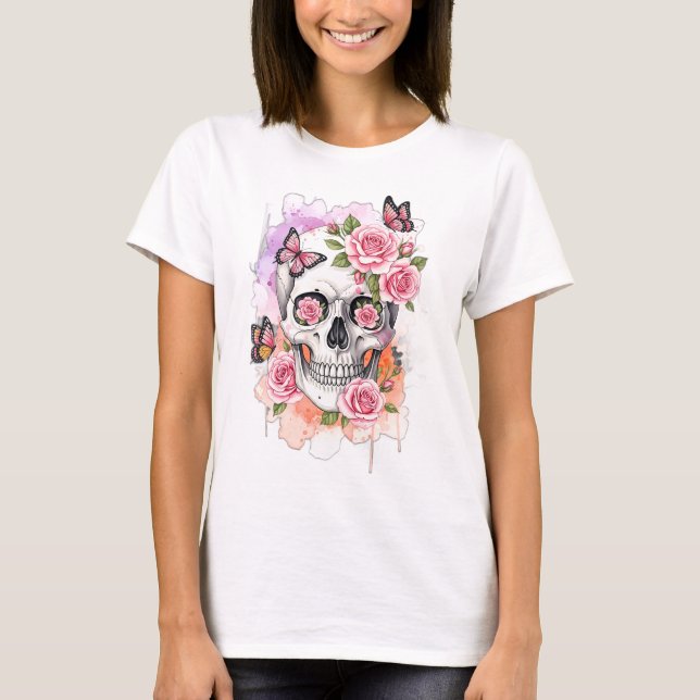 T-shirt Squelette aux roses roses roses et papillons (Devant)