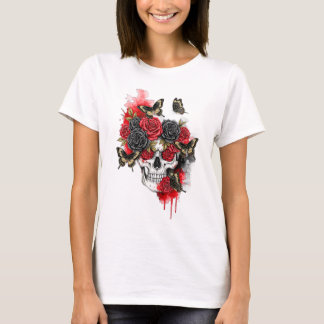 T-shirt Squelette avec Roses noirs rouges et papillons