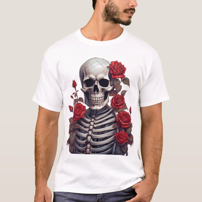 T-shirt Squelette Avec Roses Rouges (Devant)