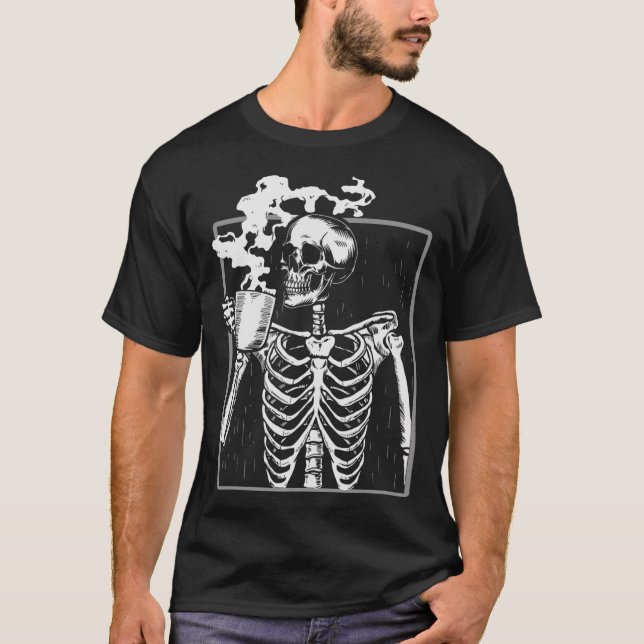 T-shirt Squelette Boire Café Drôle Crâne Hommes Femmes Hal (Devant)