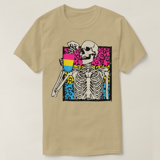 T-shirt Squelette Boire Café LGBTQ Panseual Leopard Pr (Design devant)