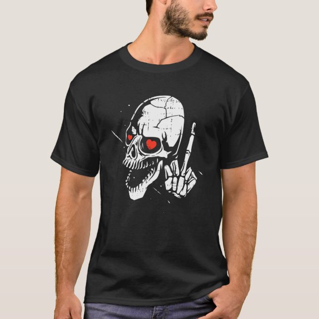 T-shirt Squelette Coeur du doigt moyen Valentines Jour Crâ (Devant)