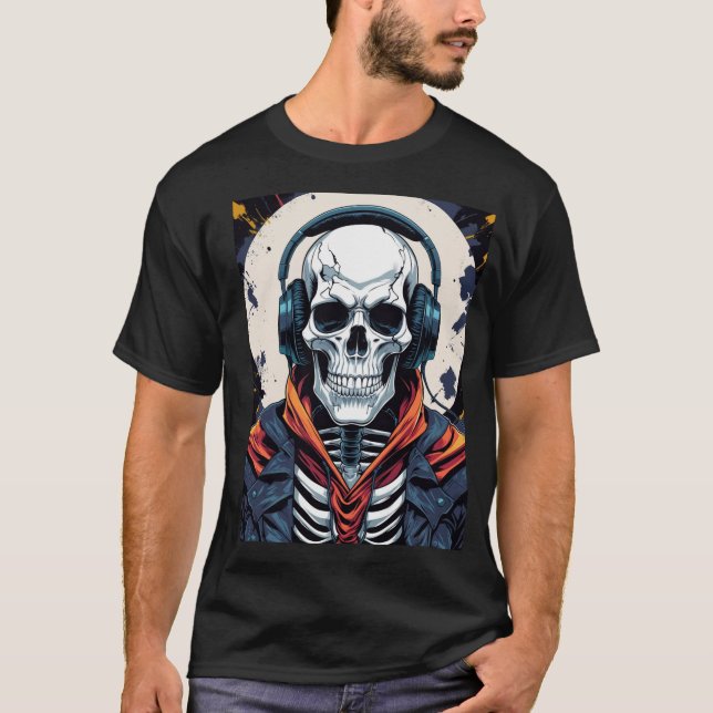T-shirt Squelette cool avec casque - Music Lover (Devant)