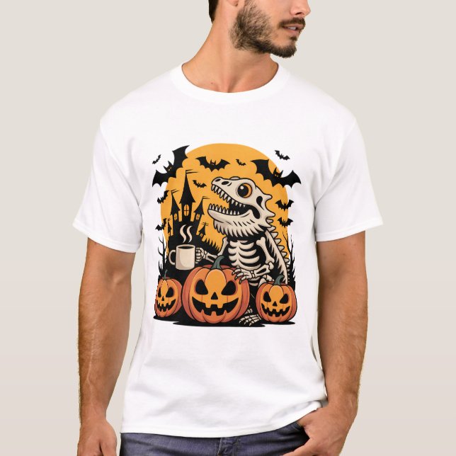 T-shirt Squelette de dinosaure d'Halloween avec café (Devant)