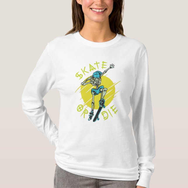 T-shirt Squelette de skateboard ou mourir (Devant)