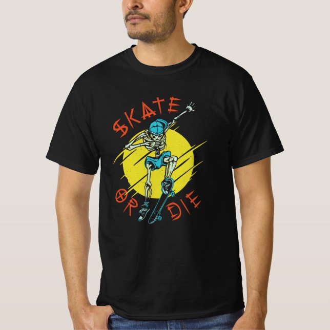 T-shirt Squelette de skateboard ou mourir (Devant)