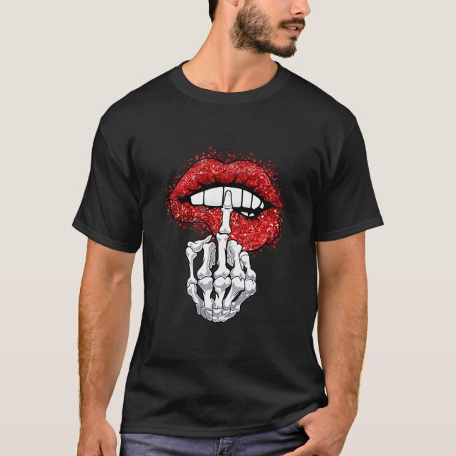 T-shirt Squelette Doigt Moyen Et Lèvres Drôle Halloween (Devant)