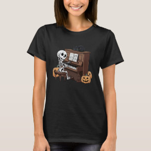T-shirt Squelette drôle jouant du piano avec un chat Hallo