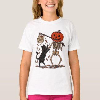 T-shirt Squelette drôle marchant avec un chat noir Hallowe