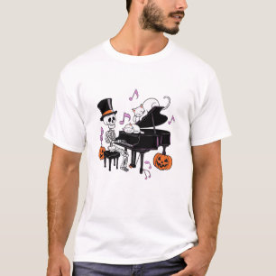 T-shirt Squelette effrayant jouant du piano avec des chats