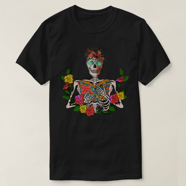 T-shirt Squelette Floral Lecture Debout À L'Intérieur Mais (Design devant)