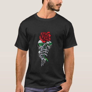T-shirt Squelette Mains Rouge Et Belle Fleur Rose Et Sk