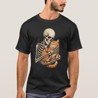T-shirt squelette mignon étreignant un chat orange