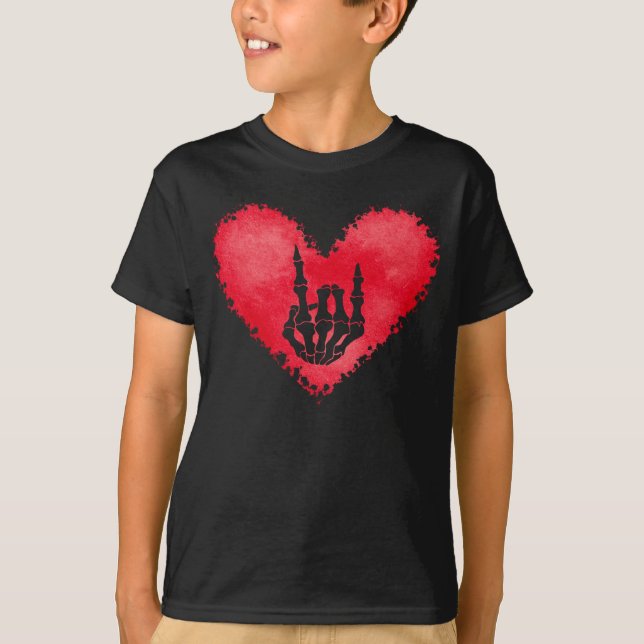 T-shirt Squelette Poignée Signes De Cornes Coeur Valentins (Devant)