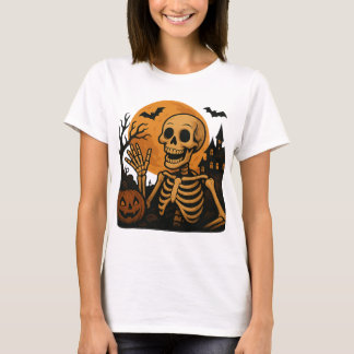 T-shirt Squelette souriant avec citrouille et pleine lune 