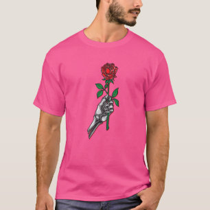 T-shirt Squelette tenant à la main Rouge Rose Fleur Graphi
