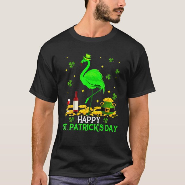 T-shirt St. Patrick's Day Drôle Flamant rose vert Boire Wi (Devant)