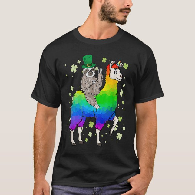 T-shirt St Patrick's Day Sloth Riding Llama Leprechaun (Devant)
