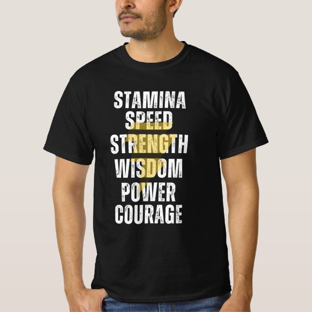 T-SHIRT STAMINE, VITESSE, FORCE, SAGESSE, PUISSANCE, COURA (Devant)
