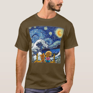 T-shirt Starry Night and Great Wave Cat Lady, Cat Mom, Cat