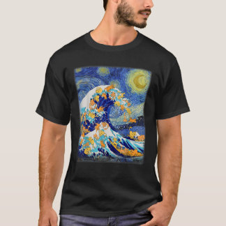 T-shirt Starry Night et Great Wave Chat Amoureux des chats