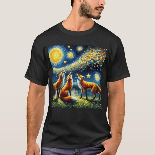 T-shirt Starry Night Three Foxes hurle à Moon Van Gogh (Devant)