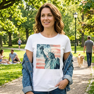 T-shirt Statue de la Liberté à l'aquarelle avec drapeau am
