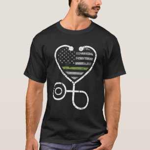 T-shirt Stéthoscope Ligne Verte Mince Cœur Infirmière Mili