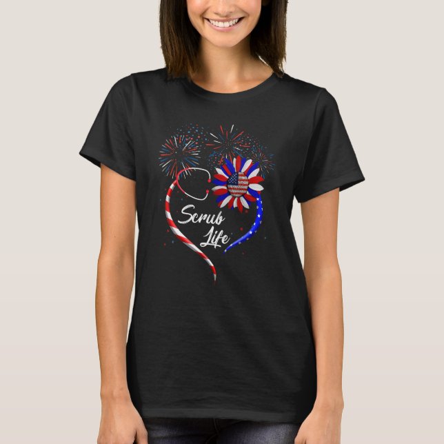 T-shirt Stethoscope Tournesol Patriotique Scrub Life Nurse (Devant)