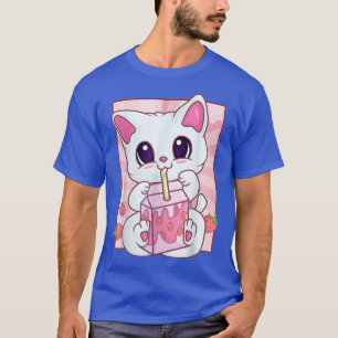 T-shirt Strawberry Milkshake Cat for Women Girls, Kawaii A